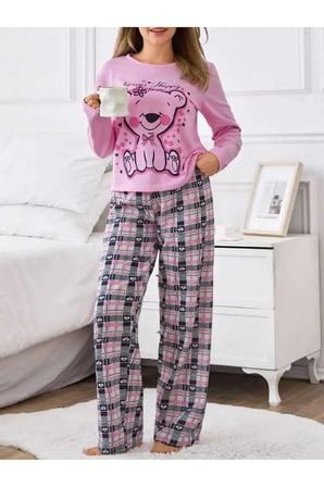 Pamuklu Kadın Pijama Takımı İçi Şardonlu Kışlık İkiiplik Ayıcık Baskılı Kalp Desenli