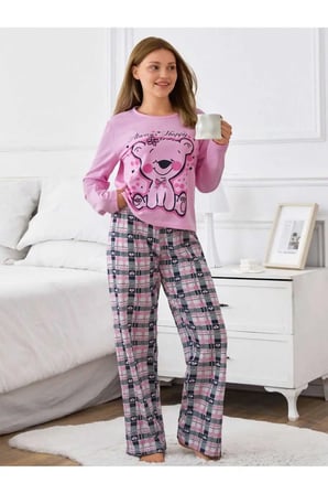 Pamuklu Kadın Pijama Takımı İçi Şardonlu Kışlık İkiiplik Ayıcık Baskılı Kalp Desenli