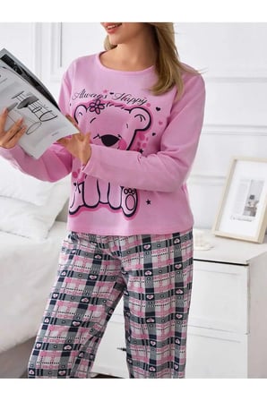 Pamuklu Kadın Pijama Takımı İçi Şardonlu Kışlık İkiiplik Ayıcık Baskılı Kalp Desenli