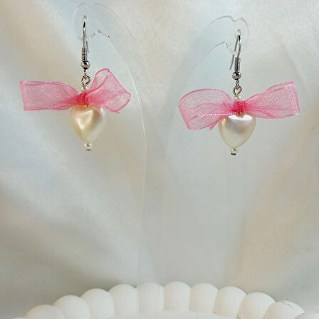 Pembe Kurdele Detaylı Aesthetic Soft Vibes Vintage Coquette Kalp İnci Kadın Hediyelik Küpe