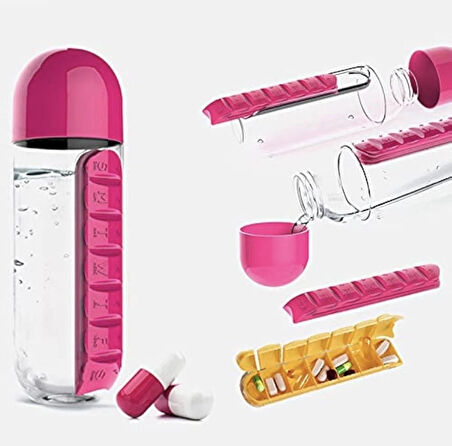 600 Ml Koyu Pembe 7 Günlük İlaç Saklama Kutulu Hazneli Su Matarası