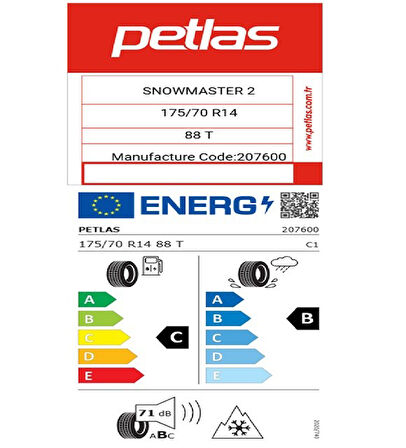 Petlas 175/70 R14 TL 88T REINF. SNOWMASTER 2 Oto Kış Lastiği (Üretim Tarihi:2025)