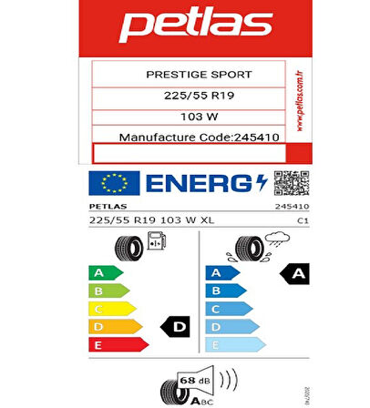 Petlas 225/55 R19 TL 103W XL PRESTIGE SPORT  Oto Yaz Lastiği (Üretim Tarihi:2025)
