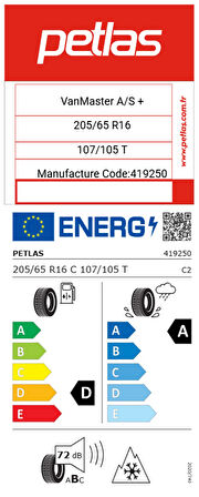 Petlas 205/65 R16 C TL 107/105T 8PR VANMASTER + A/S Dört Mevsim Kamyonet Lastiği (Üretim Yılı: 2025)