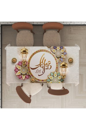 Ramazan Temalı EİD MUBAREK Keten Efektli Dekoratif Dertsiz Masa Örtüsü
