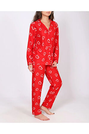 Kalp Desenli %100 Cotton Pamuk Kırmızı Homewear Pijama Takımı