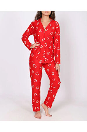 Kalp Desenli %100 Cotton Pamuk Kırmızı Homewear Pijama Takımı