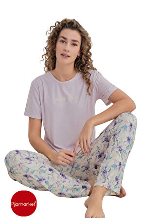 Pijamarket Likralı Marla Kumaş Kısa Kollu Altı Uzun Kadın Pijama Takımı