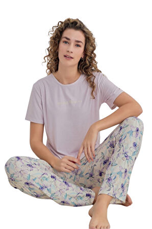 Pijamarket Likralı Marla Kumaş Kısa Kollu Altı Uzun Kadın Pijama Takımı