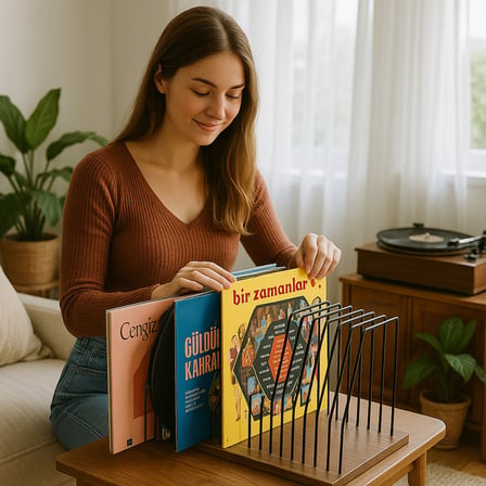 Endüstriyel Metal Plak Standı, 50x32x26cm MDF Tabanlı 50 LP Kapasiteli Siyah Tel Plak Rafı Masaüstü Organizer