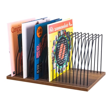 Endüstriyel Metal Plak Standı, 50x32x26cm MDF Tabanlı 50 LP Kapasiteli Siyah Tel Plak Rafı Masaüstü Organizer