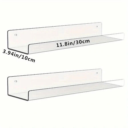 2 Adet Pleksi Hayalet Raf - 30x10 cm Banyo Mutfak Düzenleyici Kendinden Yapışkanlı Raf