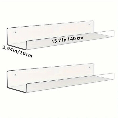 2 Adet Pleksi Hayalet Raf - 40x10 cm Banyo Mutfak Düzenleyici Kendinden Yapışkanlı Raf