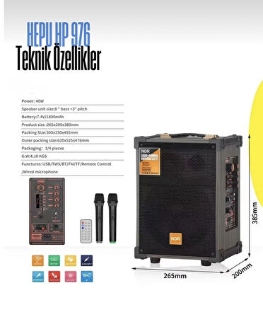 HEPU HP-976 Taşınabilir Party Speaker | 40W Bluetooth Hoparlör | 8" Bass | 2 Kablosuz Mikrofon