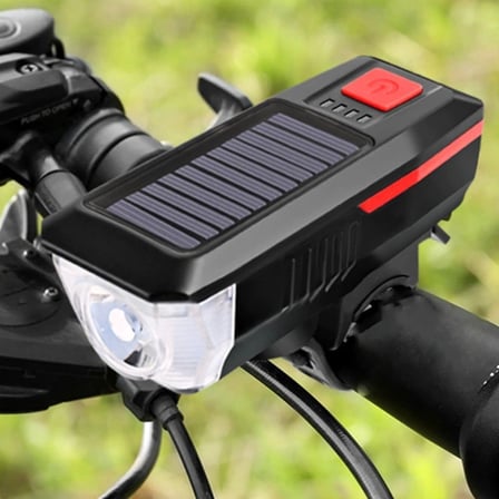 Plentiful® Solar Enerjili USB ile Şarj Edilebilir Ledli Bisiklet Feneri Kornalı ve Su Geçirmez Far