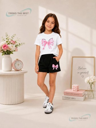 Yazlık Pembe Büyük Kurdele Baskılı Kız Çocuk Siyah Şort, Beyaz T-Shirt Takım