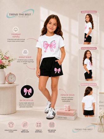 Yazlık Pembe Büyük Kurdele Baskılı Kız Çocuk Siyah Şort, Beyaz T-Shirt Takım
