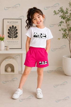 Yazlık Üçlü Panda Baskılı Kız Çocuk Pembe Şort, Beyaz T-Shirt Takım