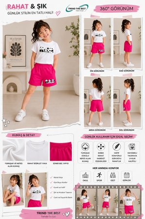 Yazlık Üçlü Panda Baskılı Kız Çocuk Pembe Şort, Beyaz T-Shirt Takım