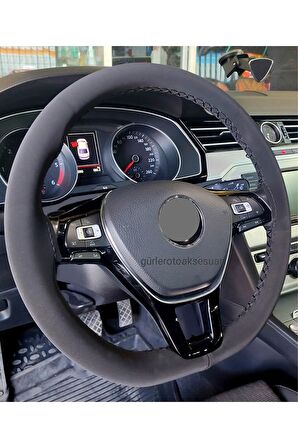 Volkswagen Polo 2017> Uyumlu Alkantara Dikmeli Direksiyon Kılıfı Siyah Ipli