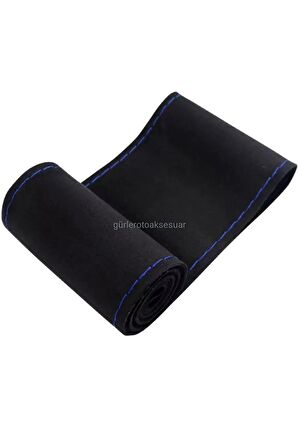 Volkswagen Polo 2017> Uyumlu Alkantra Dikmeli Direksiyon Kılıfı Mavi Ipli