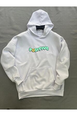 Positive Baskılı Beyaz Erkek Kapüşonlu 3 iplik Şardonlu Ribanalı Sweatshirt Hoodie