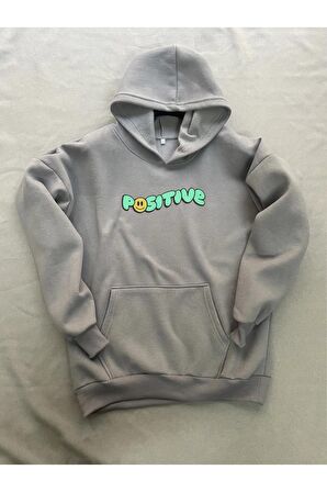 Positive Baskılı Gri Erkek Kapüşonlu 3 iplik Şardonlu Ribanalı Sweatshirt Hoodie