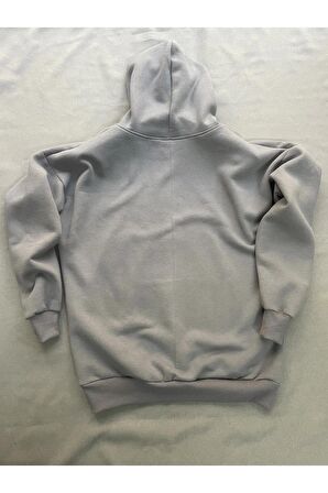 Positive Baskılı Gri Erkek Kapüşonlu 3 iplik Şardonlu Ribanalı Sweatshirt Hoodie