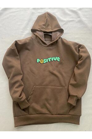 Positive Baskılı Kahverengi Erkek Kapüşonlu 3 iplik Şardonlu Ribanalı Sweatshirt Hoodie