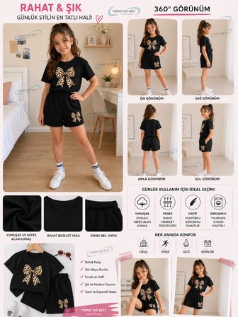 Yazlık Panter Kurdele Baskılı Kız Çocuk Siyah Şort, Siyah T-Shirt Takım
