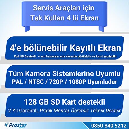 Servis Araçları için 7 inç Dörde Bölünebilir Kayıtlı 256 GB Destekli Ekran