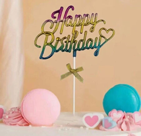 Çok Renkli Happy Birthday Yazılı Pasta Süsü-Çubuğu