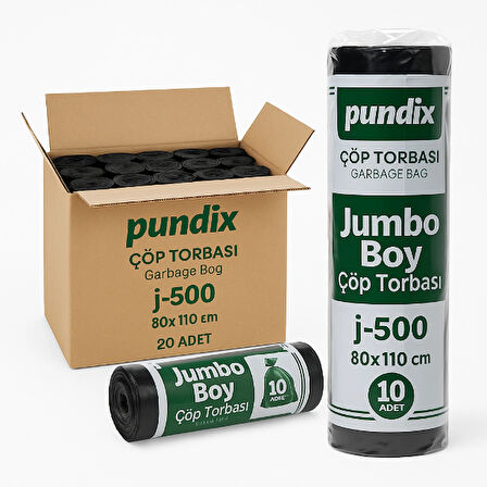 Pundix Pundıx J500 Endüstriyel Çöp Poşeti 80×110 cm – Jumbo Boy Kalın Seri (1 Koli = 20 Rulo / 200 Adet) Dayanıklı, Sızdırmaz ve Geniş Hacimli Çöp Torbası