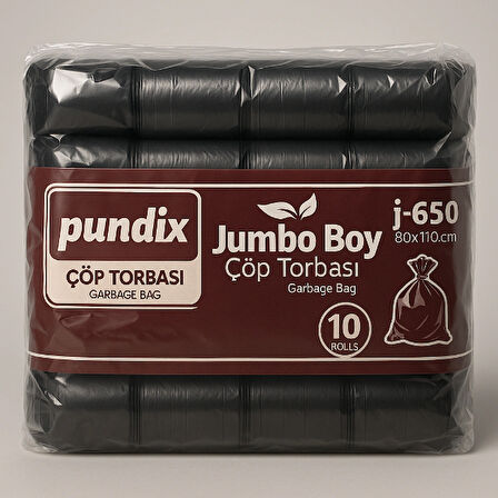 Pundix Pundıx J650 Endüstriyel Jumbo Boy Çöp Poşeti – 80X110 cm – 1 Koli (10 Rulo / 100 Adet) Dayanıklı, Sızdırmaz ve Geniş Hacimli Çöp Torbası