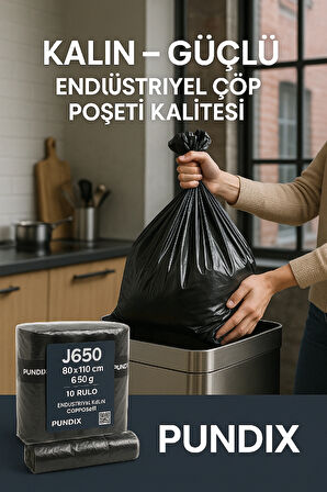 Pundix Pundıx J650 Endüstriyel Jumbo Boy Çöp Poşeti – 80X110 cm – 1 Koli (10 Rulo / 100 Adet) Dayanıklı, Sızdırmaz ve Geniş Hacimli Çöp Torbası