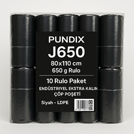 Pundix Pundıx J650 Endüstriyel Jumbo Boy Çöp Poşeti – 80X110 cm – 1 Koli (10 Rulo / 100 Adet) Dayanıklı, Sızdırmaz ve Geniş Hacimli Çöp Torbası