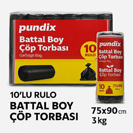 Pundix Pundıx Battal Boy Çöp Torbası 75X90 cm (10’lu Rulo – Opp Ambalajlı – Toplam 3 Kg) | Dayanıklı, Sızdırmaz ve Geniş Hacimli Çöp Poşeti