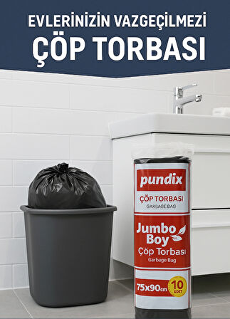 Pundix Pundıx Battal Boy Çöp Torbası 75X90 cm (10’lu Rulo – Opp Ambalajlı – Toplam 3 Kg) | Dayanıklı, Sızdırmaz ve Geniş Hacimli Çöp Poşeti