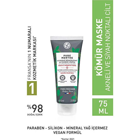 Yves Rocher Karma, Yağlı Ve Akneye Eğilimli Ciltler Için Pure Menthe Kömür Maske-75 ml