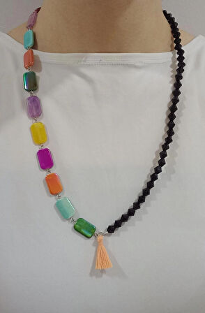 Kristal Taşlı Renkli Boncuklu Püskül Aesthetic Soft Vibes Vintage Sallantılı Tasarım Hediyelik Kolye