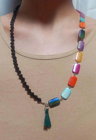 Kristal Taşlı Renkli Boncuklu Püskül Aesthetic Soft Vibes Vintage Sallantılı Tasarım Hediyelik Kolye