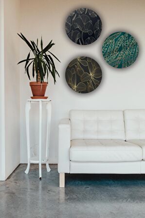 Ahşap Tablo Yaprak Çiçek Desenli 3'lü Mdf Tablo
