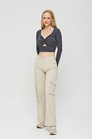 Füme Lycra Soft Touch Kumaş Önü Düğümlü EsteWoman Body Bluz