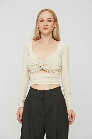 Bej Lycra Soft Touch Kumaş Önü Düğümlü EsteWoman Body Bluz