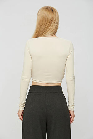 Bej Lycra Soft Touch Kumaş Önü Düğümlü EsteWoman Body Bluz