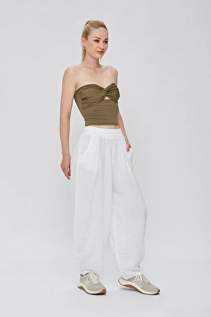 Haki Kumaş Kadın Ultra Soft  Straplez Crop Bluz