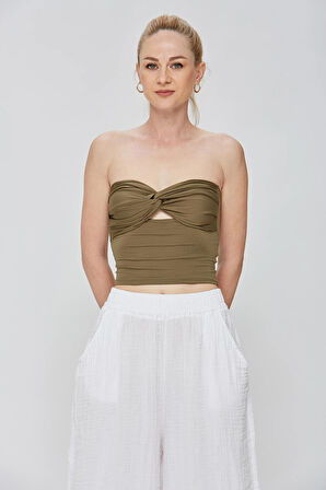 Haki Kumaş Kadın Ultra Soft  Straplez Crop Bluz