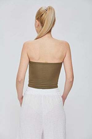 Haki Kumaş Kadın Ultra Soft  Straplez Crop Bluz