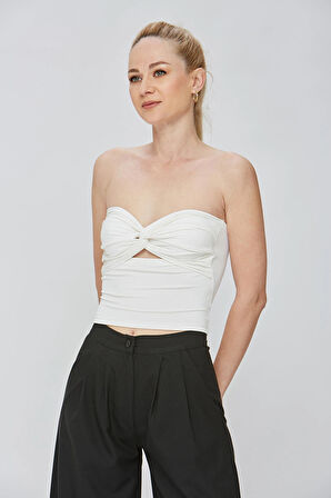 Beyaz Kumaş Kadın Ultra Soft Straplez Crop Bluz