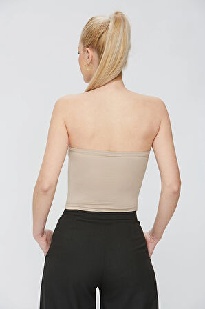 Bej Kumaş Kadın Ultra Soft Straplez Crop Bluz